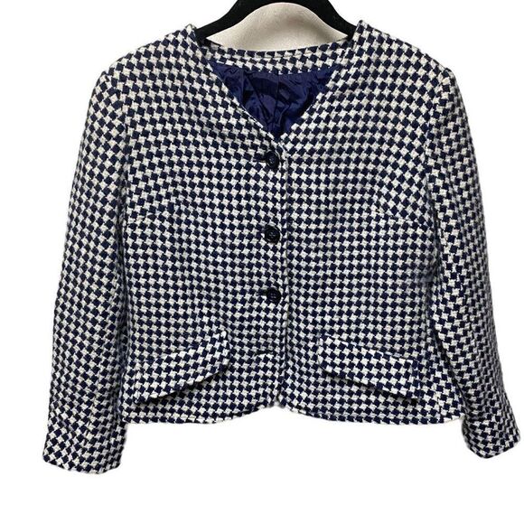 Vintage Wool Blazer Navy Blue and White Houndstooth - Picture 1 of 4